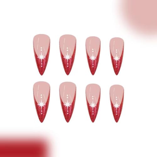 Red French Tip Press on Nails Glitter Fake Nails with Star Design Nude Glue on Nails Acrylic Full Cover Glossy Stick on Nails Long Stiletto False Nails for Women Manicure 24Pcs
