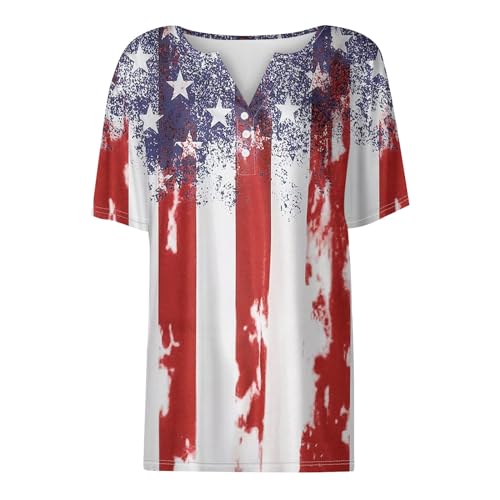 4Th of July Tops for Women, Womens Summer Tops 2024 USA Shirts for Women Sexy Casual Red White and Blue Button V Neck Short Sleeve Womens 4Th of July Outfit Summer Blouses for (Vermilion,XX-Large)