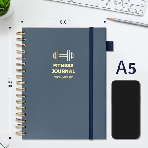 Fitness Journal for Women and Men, 8.8" x 6.6", Workout Log Sprial Book Planner for Tracking Progress and Achieving Your Wellness Goals, Black