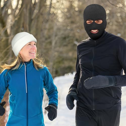 2pcs 3 Hole Winter Knitted Mask, Full Face Cover Ski Scarf Mask Warm Balaclava for Adult Skiing, Motorcycle,Wind Protection, Black+Grey