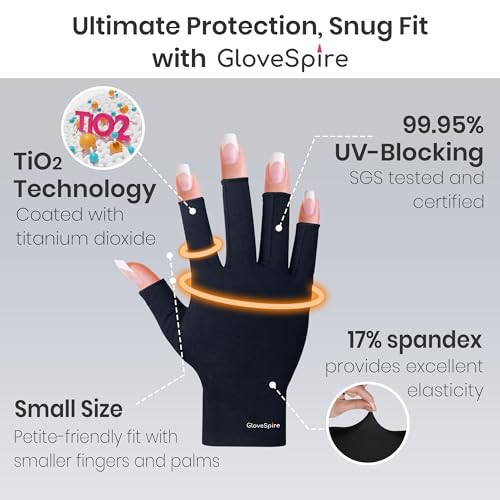 GloveSpire Small Hands UV Gloves for Nails,Thickened UPF50+ UV Protection Gloves, Fingerless Design for Women Gel Manicures Anti UVA UVB Light(Extra Small/Black)