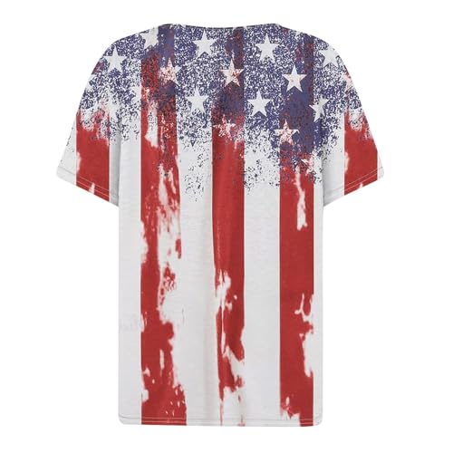 4Th of July Tops for Women, Womens Summer Tops 2024 USA Shirts for Women Sexy Casual Red White and Blue Button V Neck Short Sleeve Womens 4Th of July Outfit Summer Blouses for (Vermilion,XX-Large)