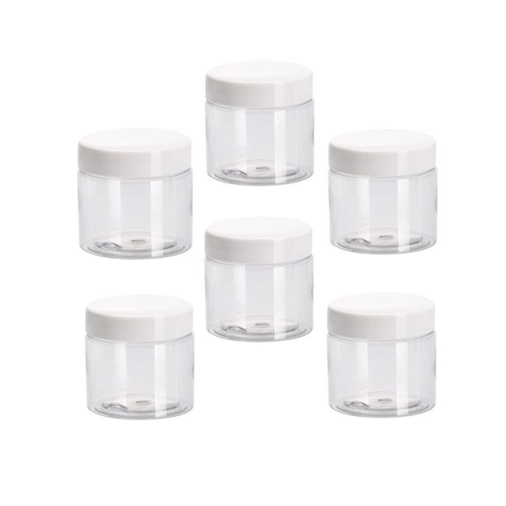 6 Pack 2 oz Plastic Pot Jars Round Clear Leak Proof Plastic Cosmetic Container Jars with White Lids for Travel Storage Make Up, Eye Shadow, Nails, Powder, Paint, Jewelry (White-2 oz)