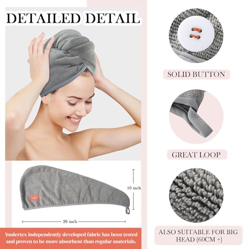 YoulerTex Microfiber Hair Towel Hair Wrap: 2 Pack 10X26 Hair Dryer Towels for Women Absorbent Turban Twist Drying Shower Cap Curly Hair Products for Hair Care Hair Accessories (12 Purple Gray)