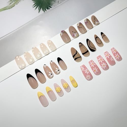 6 Packs (144 Pcs) Press on Nails Medium, Jsiallye Press on Nails Ballet with Daisy, Flower Press on Nails Almond, Glue on Nail in 12 Sizes - 24 Fake Nails Kit, Stick on Nails for Women