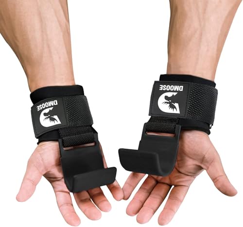 DMoose Fitness Weight Lifting Hooks for Men & Women (Pair) - 8 mm Thick Wrist Padding - Weight Lifting Grips for Powerlifting, Shrugs, Rows & Deadlift Support - Gym Lifting Straps with Pull Up Hooks