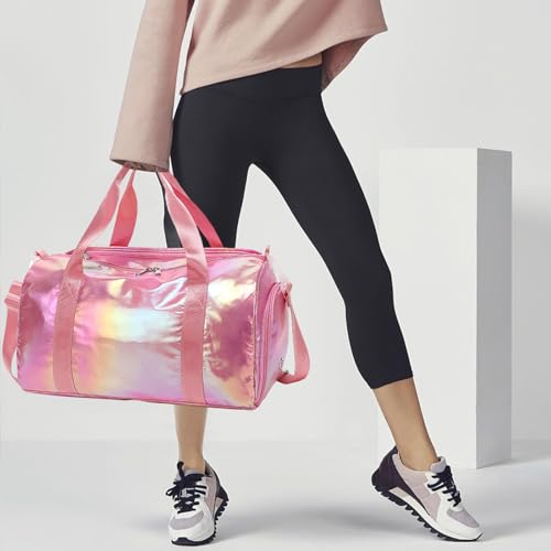 Gym Bag Sports Duffle Bag with Wet Pocket Weekender Overnight Bag with Waterproof Shoe Pouch and Air Hole for Women Girls Travel Foldable Bag (Metallic Purple)