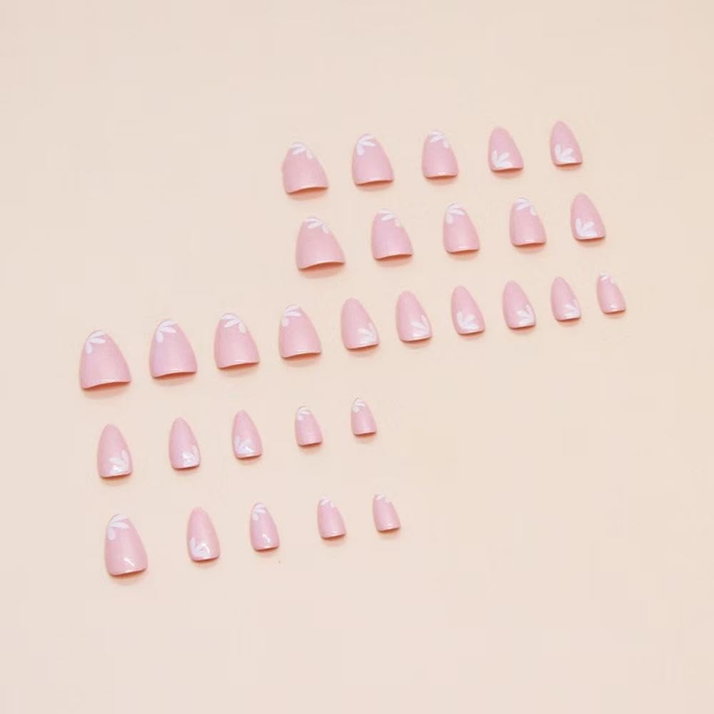 30Pcs Gold Glitter Press on Nails Pink Fake Nails Short Almond False Nails with Design Flower Glue on Nails Glossy Artificial Acrylic Full Cover Shiny Stick on Nails for Women Nail Art Decoration
