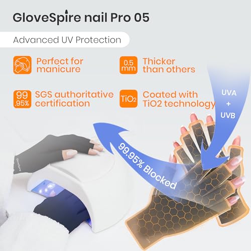 GloveSpire Small Hands UV Gloves for Nails,Thickened UPF50+ UV Protection Gloves, Fingerless Design for Women Gel Manicures Anti UVA UVB Light(Extra Small/Black)