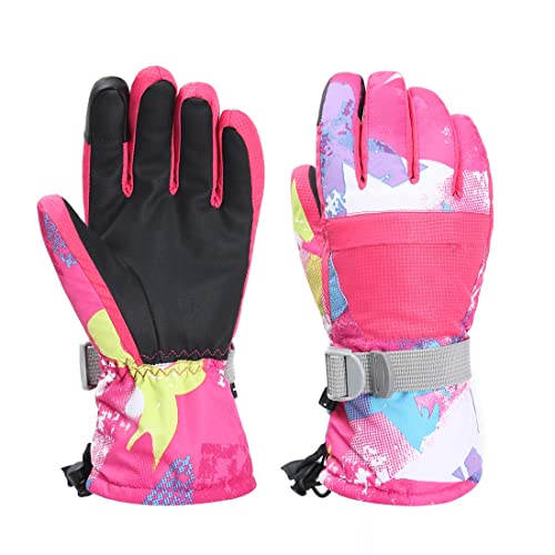 7-Mi Winter Ski Gloves,Children's Touchscreen Snow Mittens Snowboard Waterproof Lined Long Cuff Leather Kids Gloves for Boys & Girls Sports Outdoor Play