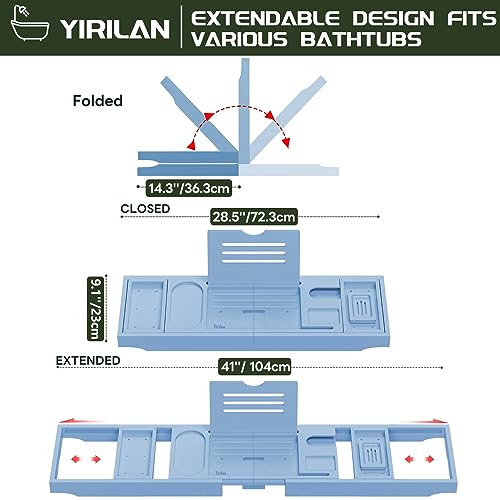 Yirilan Premium Bathtub Tray Caddy - Expandable Bath Tray - Unique House Warming Gifts, New Home, Anniversary & Wedding Gifts for Couple, Bridal Shower Gift for Women-Blue