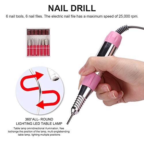 5 in 1 Nail Dust Collector with Drill, Multifunctional Electric Nail Drill Machine with Dust Collector Vacuum LED Desk Lamp Hand Rest Pillow for Acrylic Nails(US)