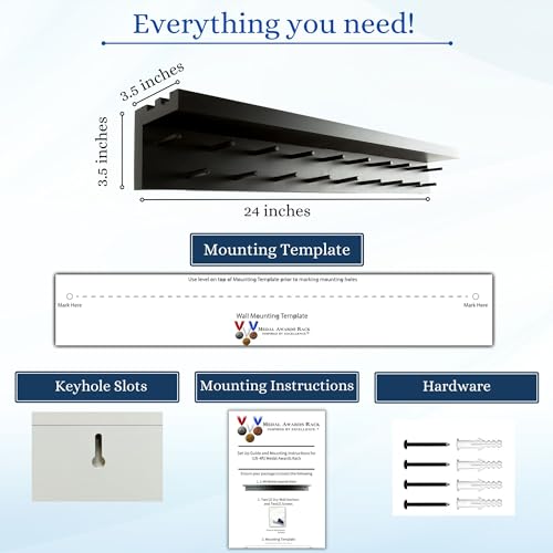 2ft- Medal Awards Rack- Premier Medal Hanger Display and Trophy Shelf - Multi-Purpose Trophy and Medal Holder for Medal Display, Plaques, Pictures, Trophies and More Solid Wood