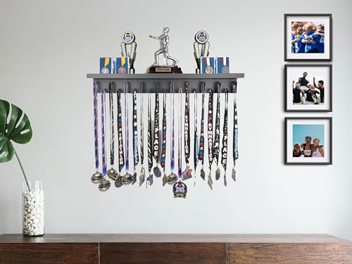 2ft- Medal Awards Rack- Premier Medal Hanger Display and Trophy Shelf - Multi-Purpose Trophy and Medal Holder for Medal Display, Plaques, Pictures, Trophies and More Solid Wood