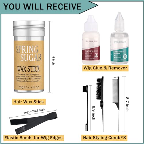 Lace Glue Kit, Strong Hold Wig Glue for Front Lace Wig, Wig Installation Kit Includes Lace Front Glue, Wig Glue Remover, Comb, Elastic Bands, Hair Wax Stick for Women