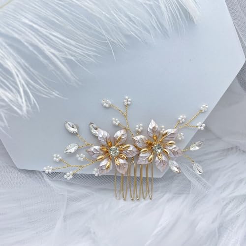 MirthCity Handmade Bride Wedding Hair Comb Flower Girls Bridal Hair Accessories Crystal Leaf Bead Bridal Hair Comb for Women and Girls