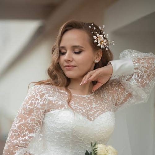 MirthCity Handmade Bride Wedding Hair Comb Flower Girls Bridal Hair Accessories Crystal Leaf Bead Bridal Hair Comb for Women and Girls