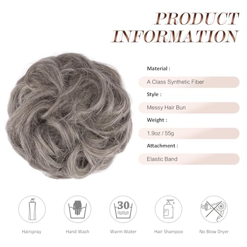 FESHFEN Messy Bun Hair Piece - Large Wavy Curly Elastic Hair Bun Scrunchies Ponytail Extensions Synthetic Chignon Hairpieces for Women, Salt and Pepper 1.94oz