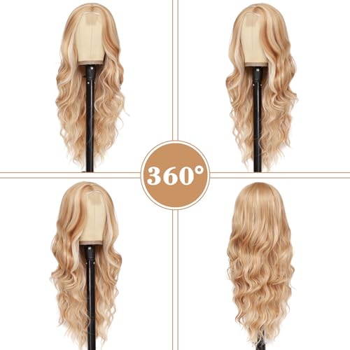 NAYOO Long Mixed Blonde Wavy Wig for Women 26 Inch Middle Part Curly Wavy Wig Natural Looking Synthetic Heat Resistant Fiber Wig for Daily Party Use (Mixed Blonde)