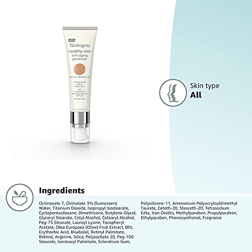 Neutrogena Healthy Skin Anti-Aging Perfector Tinted Facial Moisturizer and Retinol Treatment with Broad Spectrum SPF 20 Sunscreen with Titanium Dioxide, 50 Tan to Medium, 1 fl. oz (Pack of 2)