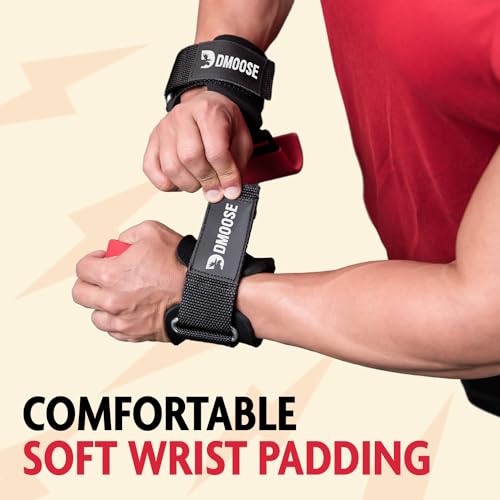 DMoose Fitness Weight Lifting Hooks for Men & Women (Pair) - 8 mm Thick Wrist Padding - Weight Lifting Grips for Powerlifting, Shrugs, Rows & Deadlift Support - Gym Lifting Straps with Pull Up Hooks