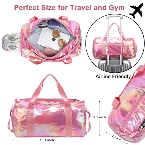 Gym Bag Sports Duffle Bag with Wet Pocket Weekender Overnight Bag with Waterproof Shoe Pouch and Air Hole for Women Girls Travel Foldable Bag (Metallic Purple)