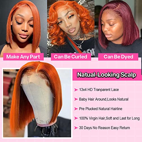 HIRIREMY Ginger Bob Lace Front Wigs Human Hair for Black Women 13x4 HD Lace Frontal Straight Bob Orange Ginger Wig Lace Front Human Hair Pre Plucked Hairline with Baby Hair Brazilian #350 12 Inch