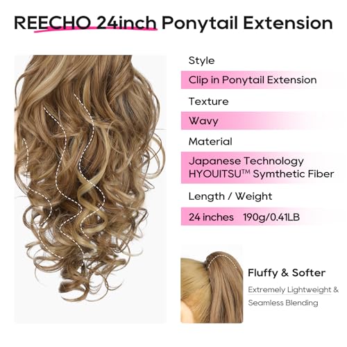 REECHO Ponytail Extension, 24" Claw Clip in Long Curly Wavy Ponytail Hair Extension Jaw Clip on Pony Tails Hairpiece for Women - Light Brown with Highlights