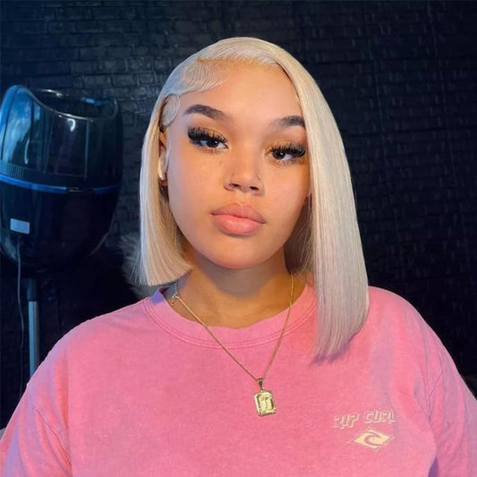 613 Bob Wig Human Hair 13x4 HD Lace Front Wig Human Hair Blonde,Short Straight Glueless 613 Blonde Lace Front Bob Wigs For Black Women Human Hair Pre Plucked Side Part Blond 10 Inch