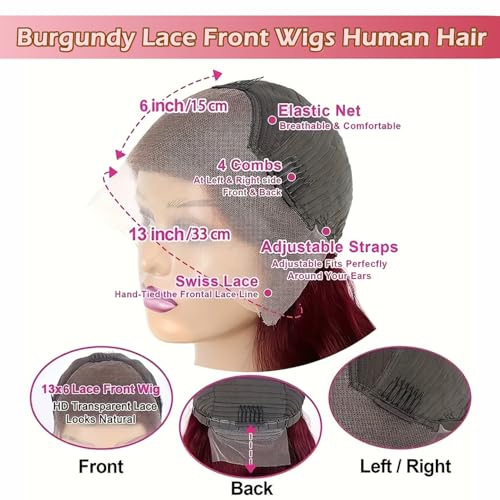 99j Burgundy Lace Front Wigs Human Hair 220 Density 13x6 Body Wave Lace Front Wigs Human Hair Pre Plucked Hd Lace Front Wig for Women Wine Red Brazilian Human Hair Wigs Red Wig 20 Inch
