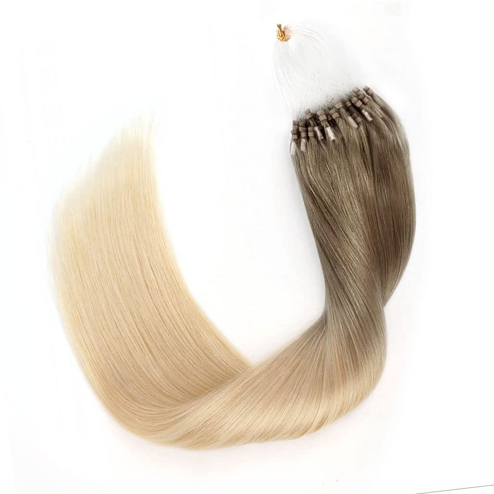 ABH AmazingBeauty Hair Micro Links Hair Extensions Human Hair 24 Inch Ash Brown Ombre Platinum Blonde Hair Extensions Micro Ring Ombre Blonde 50G 50S Micro Loop Hair Extensions Balayage Blonde