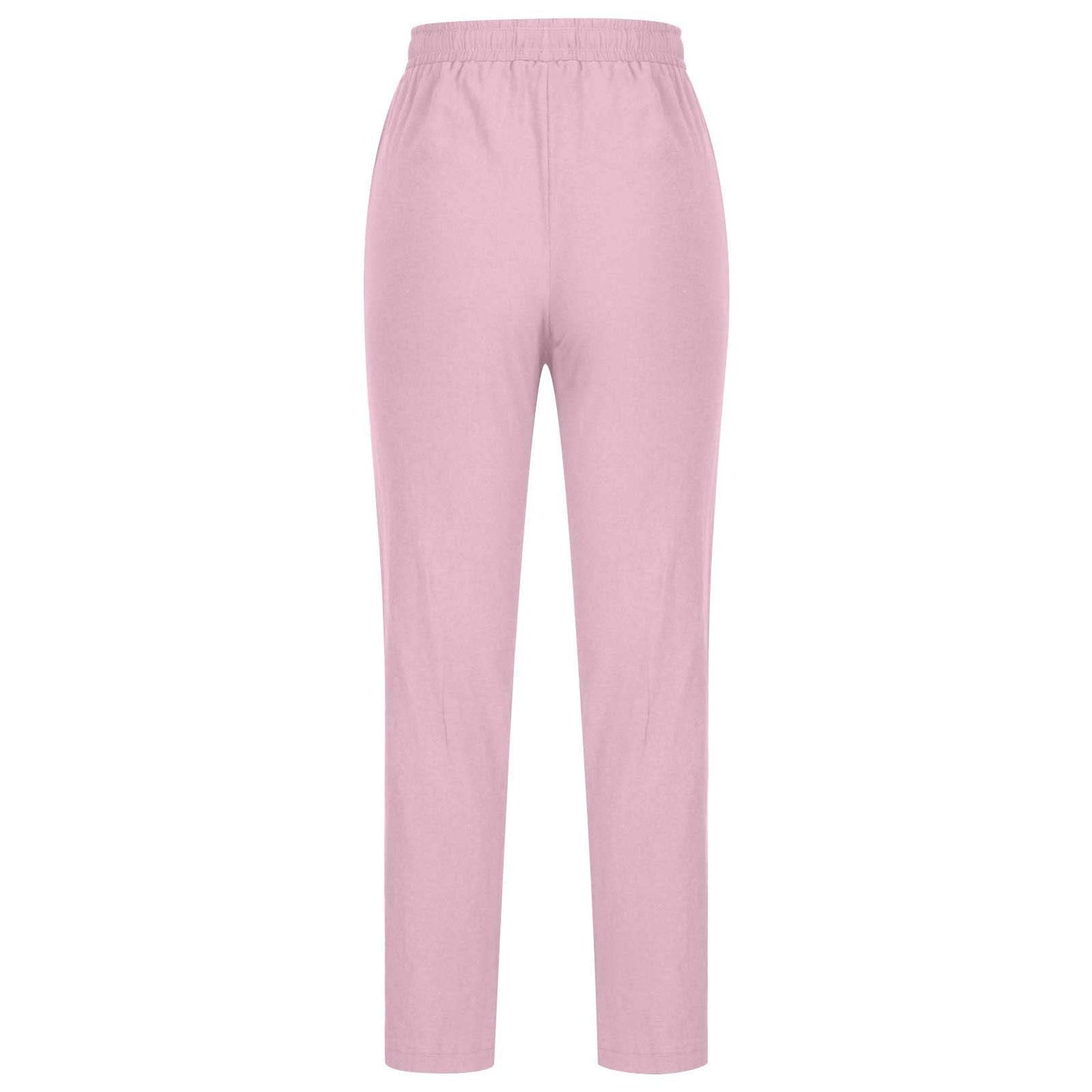 2024 Linen Pants Women Straight Leg Pants Summer Casual Drawstring High Waisted Cotton Loose Trousers with Pockets Pink