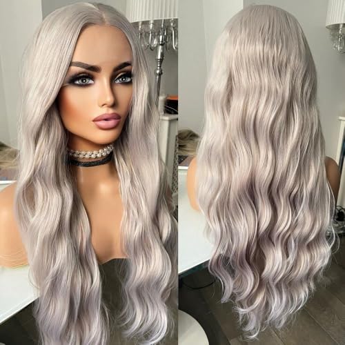 ELESTY Long Wavy Silver Grey Hair Synthetic Lace Front Wigs for Women Loose Curly Free Part Glueless Lace Wigs Gray Heat Resistant Fiber Pre Plucked Natural Hairline Water Wave Wigs Daily Party Use
