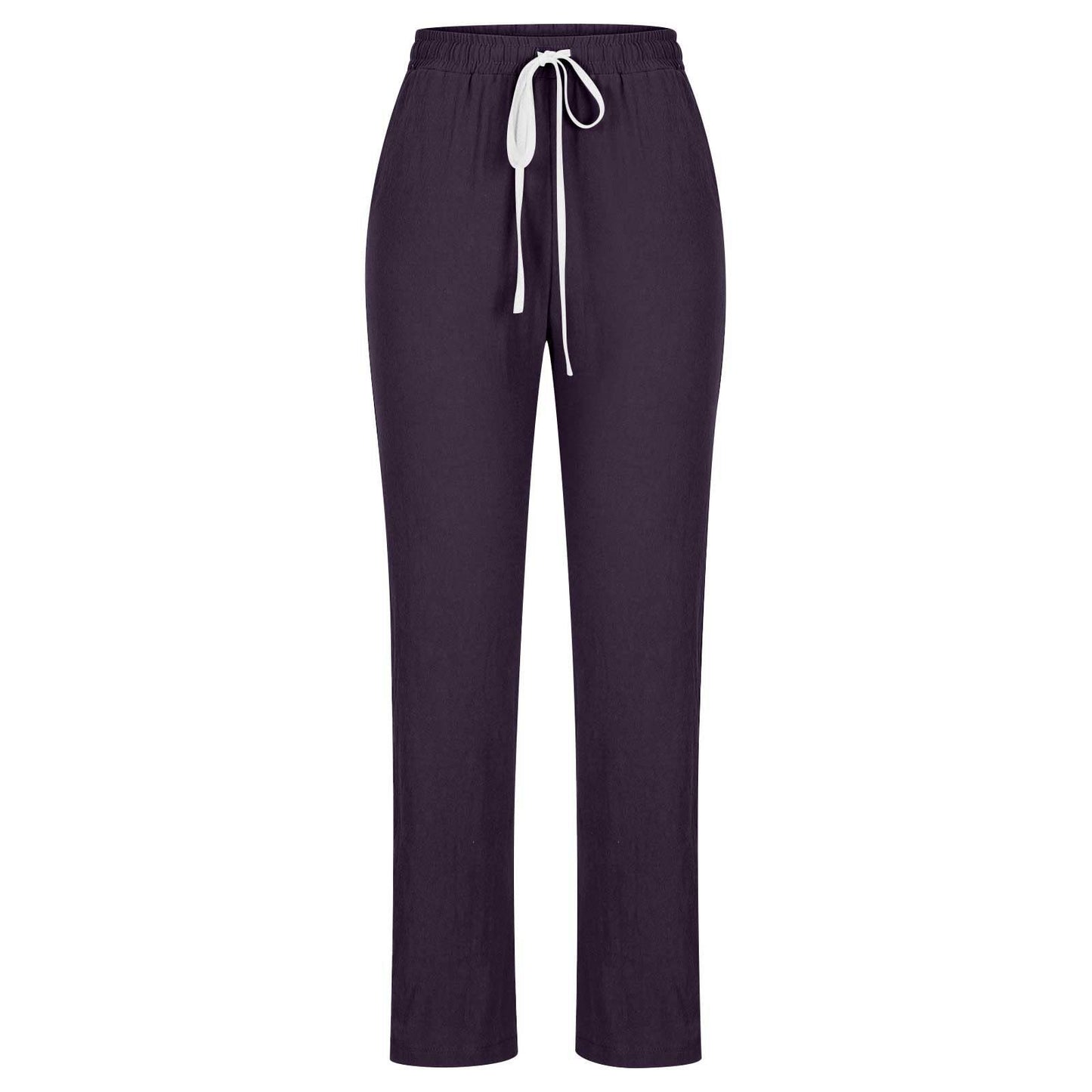 2024 Linen Pants Women Straight Leg Pants Summer Casual Drawstring High Waisted Cotton Loose Trousers with Pockets Purple