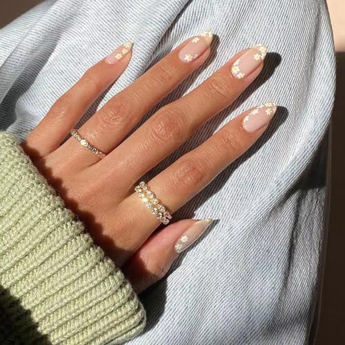 6 Packs (144 Pcs) Press on Nails Medium, Jsiallye Press on Nails Ballet with Daisy, Flower Press on Nails Almond, Glue on Nail in 12 Sizes - 24 Fake Nails Kit, Stick on Nails for Women