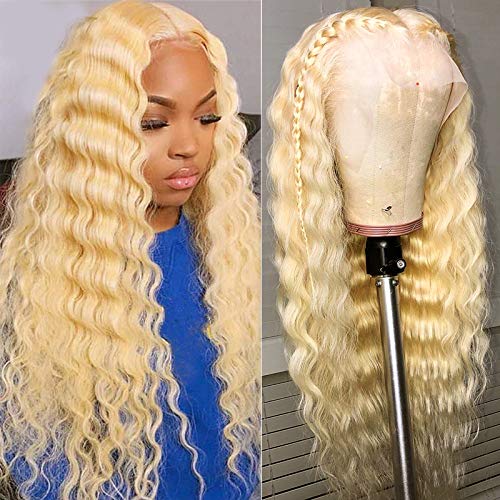 613 Human Hair Wig Deep Wave 13x6 HD Transparent Lace Frontal Wigs for Women Deep Parting Pre Plucked 613 Blonde Wig with Baby Hair 150% Density 20 Inch Curly Glueless Brazilian Virgin Hair