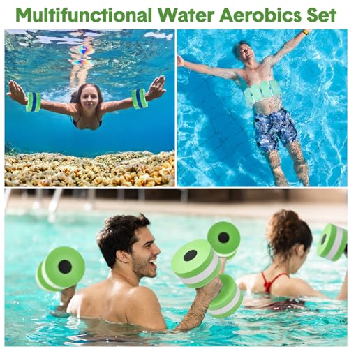 Motionchic 5 Pcs Aquatic Exercise Set Including 2 Ankle Swimming Weights 2 Lightweight Aquatic Exercise Dumbbells and Swim Belt Pool Exercise Equipment for Aquatic Aerobics Exercise (Green)