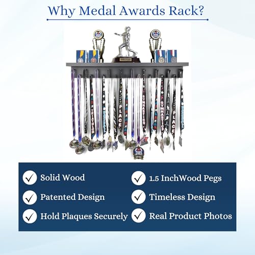 2ft- Medal Awards Rack- Premier Medal Hanger Display and Trophy Shelf - Multi-Purpose Trophy and Medal Holder for Medal Display, Plaques, Pictures, Trophies and More Solid Wood