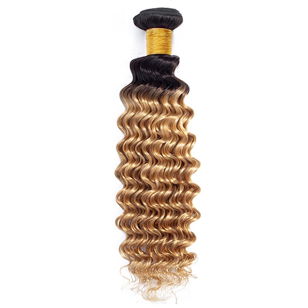 1B27 Ombre Deep Wave Human Hair Bundles Honey Blonde Deep Wave Hair 3 Bundle 24 26 28 Inch Unprocessed Virgin Hair Bundle Brazilian Remy Hair Weave Double Weft Hair Extensions