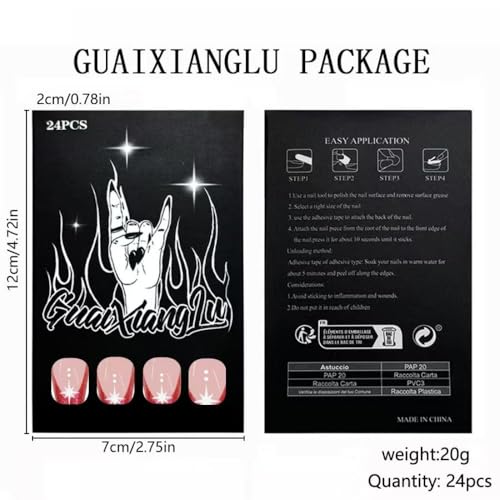 Red French Tip Press on Nails Glitter Fake Nails with Star Design Nude Glue on Nails Acrylic Full Cover Glossy Stick on Nails Long Stiletto False Nails for Women Manicure 24Pcs