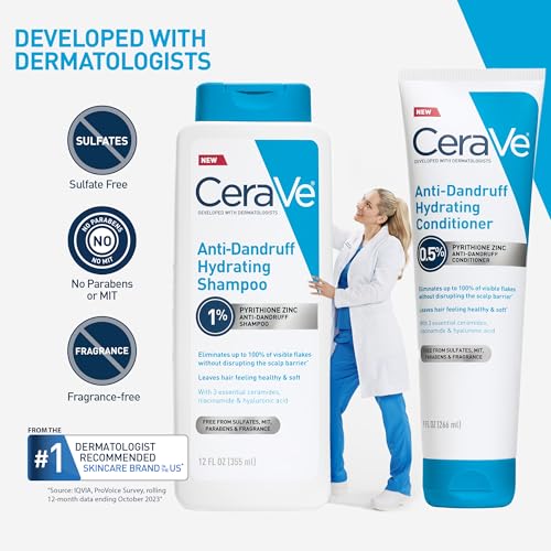 CeraVe Hydrating Anti Dandruff Shampoo, 1% Pyrithione Zinc Dandruff Treatment With Ceramides, Niacinamide & Hyaluronic Acid, Helps Eliminate Flakes & Provides Itchy Scalp Relief, Sulfate Free, 12 Oz