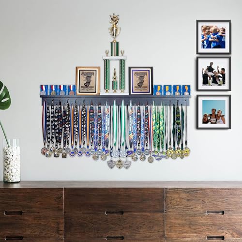 46.5"- Medal Awards Rack- The Largest Trophy Shelf and Medal Hanger Display - Multi-Sport Trophy and Medal Holder for Medal Display, Plaques, Pictures, Trophies, and More Solid Wood