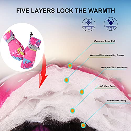 7-Mi Winter Ski Gloves,Children's Touchscreen Snow Mittens Snowboard Waterproof Lined Long Cuff Leather Kids Gloves for Boys & Girls Sports Outdoor Play