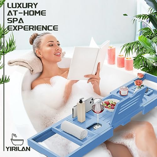 Yirilan Premium Bathtub Tray Caddy - Expandable Bath Tray - Unique House Warming Gifts, New Home, Anniversary & Wedding Gifts for Couple, Bridal Shower Gift for Women-Blue