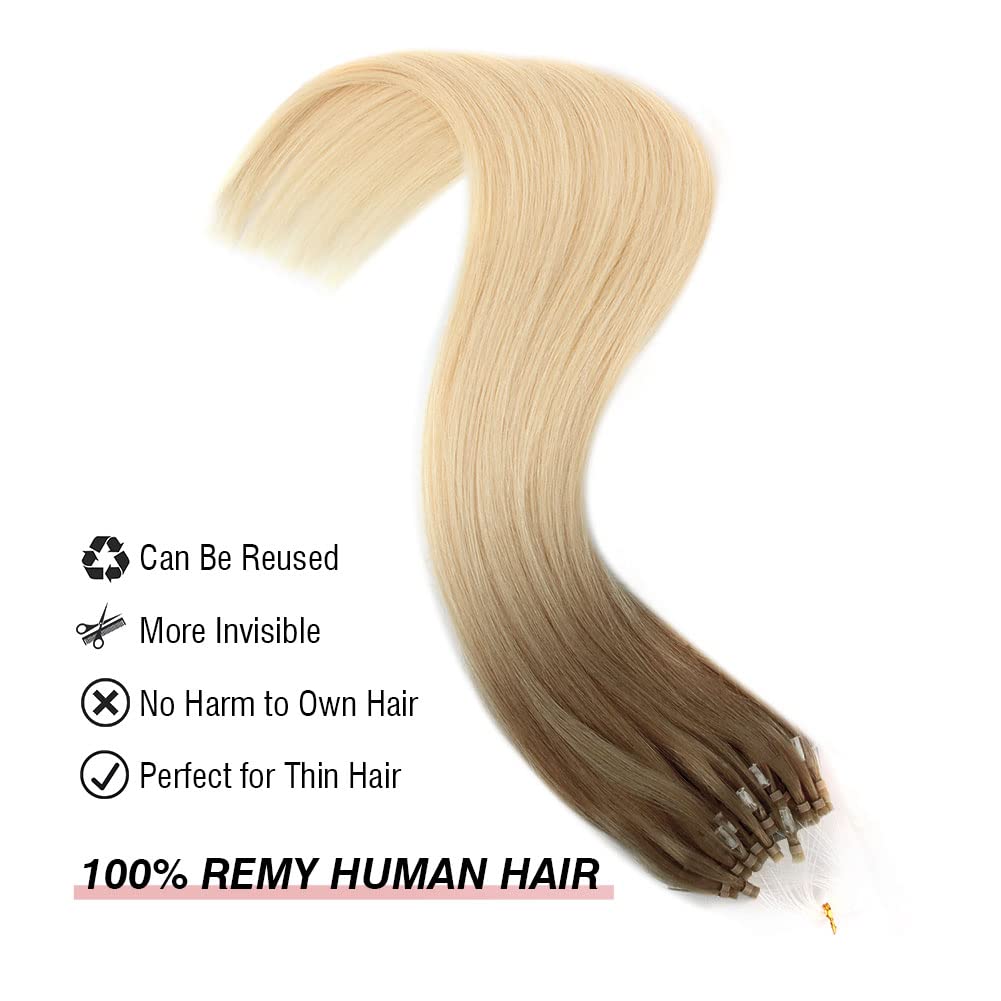 ABH AmazingBeauty Hair Micro Links Hair Extensions Human Hair 24 Inch Ash Brown Ombre Platinum Blonde Hair Extensions Micro Ring Ombre Blonde 50G 50S Micro Loop Hair Extensions Balayage Blonde