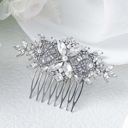 Foyte Crystal Bride Wedding Hair Comb Silver Flower Bridal Headpieces Leaf Hair Pieces Rhinestone Bridesmaid Side Combs Hair Accessories for Women (silver crystal)