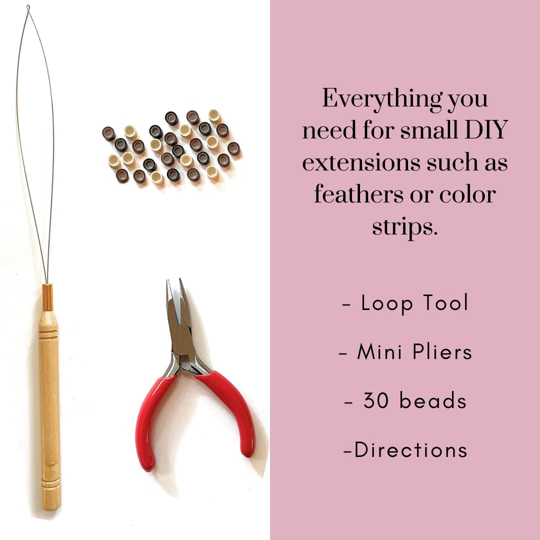 Hair Feathers and Tool Kit, Pink, Purple and Turquoise Feather Extensions with Beads, loop tool and pliers