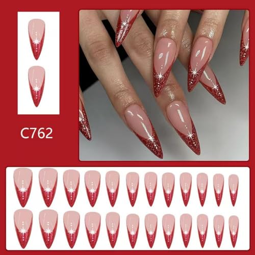 Red French Tip Press on Nails Glitter Fake Nails with Star Design Nude Glue on Nails Acrylic Full Cover Glossy Stick on Nails Long Stiletto False Nails for Women Manicure 24Pcs