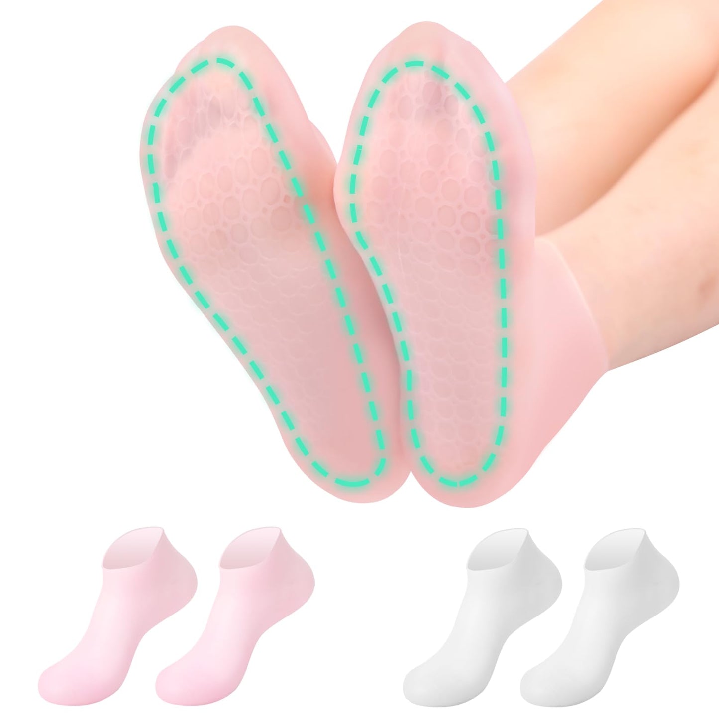 2Pairs Silicone Socks for Dry Cracked Feet Women,Non-Slip Moisturizing Foot Mask Exfoliating Socks,Gel/Aloe Vera SPA Repair Socks,Post Pedicure Heel Cracking & Softening Foot Treatment - Pink + White
