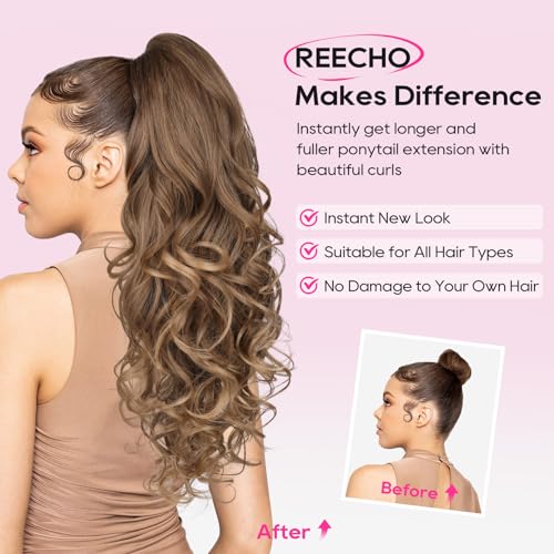 REECHO Ponytail Extension, 24" Claw Clip in Long Curly Wavy Ponytail Hair Extension Jaw Clip on Pony Tails Hairpiece for Women - Light Brown with Highlights